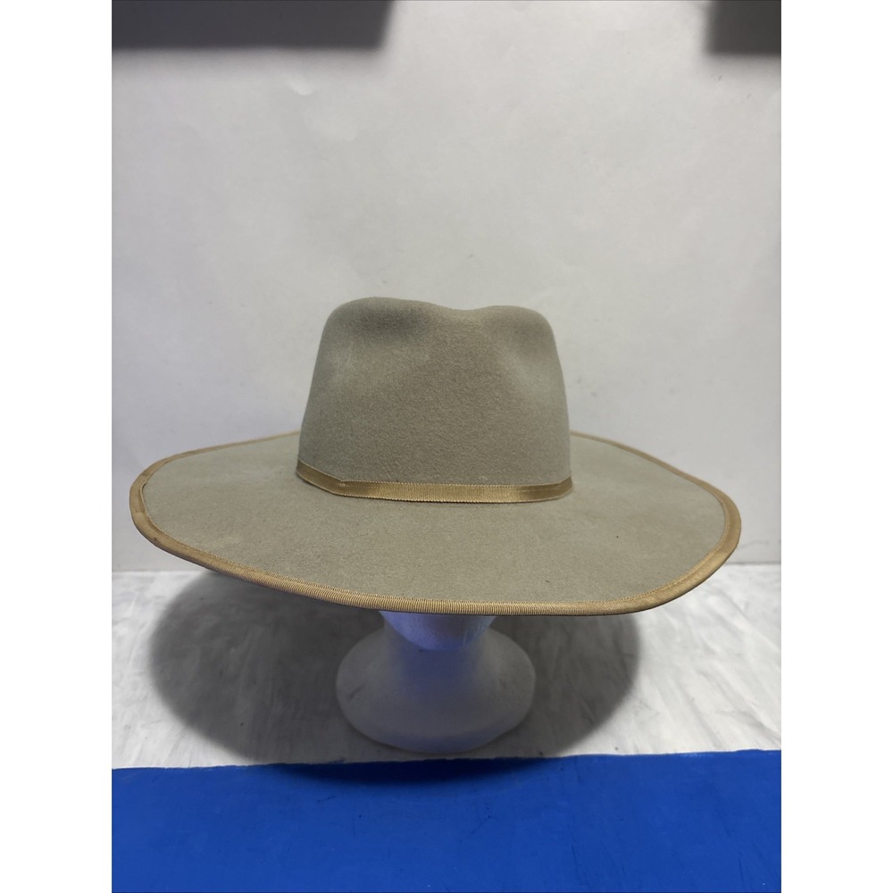 Olive & Pique Gray Wide Brim Fedora Hat Tan Ribbon Trim 24 Inch Inside